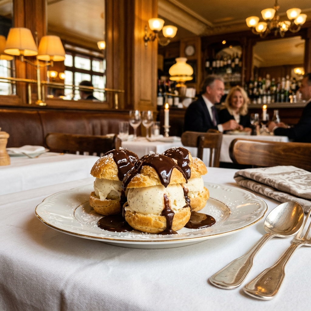 Profiteroles with dark chocolate sauce and vanilla ice cream at Bouillon Chartier, Paris