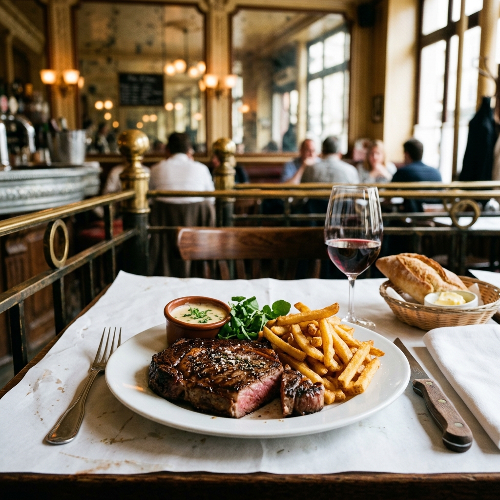 Classic entrecôte steak frites with béarnaise sauce at Bouillon Chartier, Paris