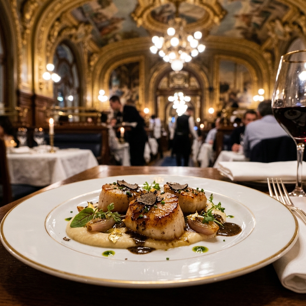 Seared scallops with black truffle sauce at Le Train Bleu restaurant, Gare de Lyon Paris
