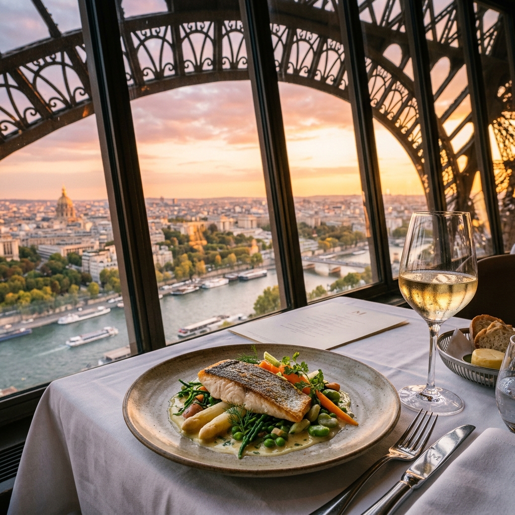 Seasonal fish with herb sauce served 57 metres above Paris at Madame Brasserie