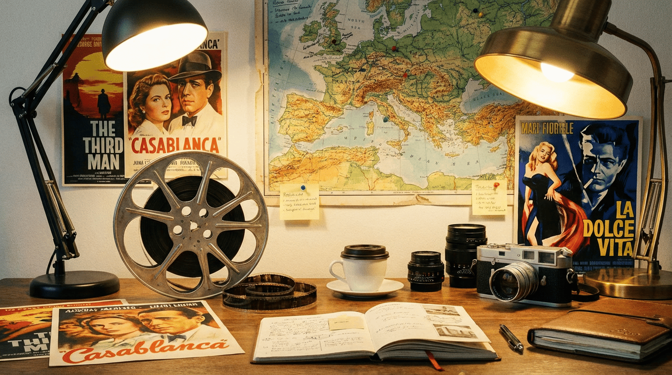 A vintage film camera on a dramatic mountain road