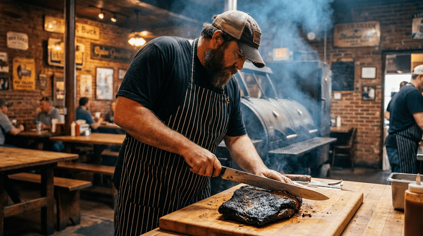 A rustic Texas smokehouse with plumes of oak smoke