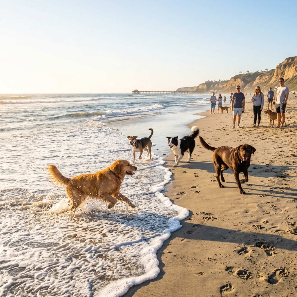 Happy dogs running off-leash on Ocean Beach, San Diego