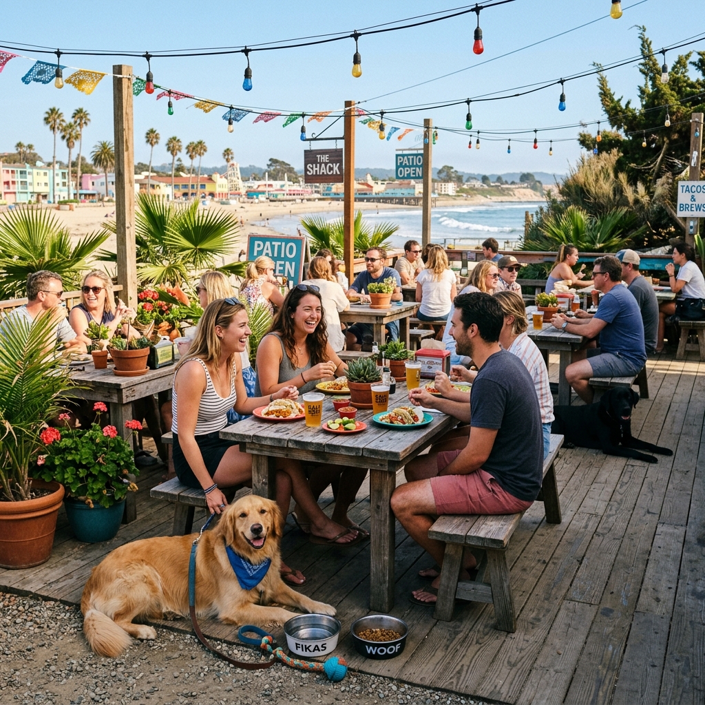 Patrons dining with their dogs on a sunny outdoor patio in Ocean Beach