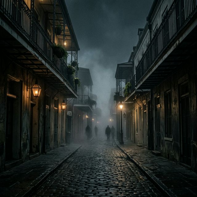 New Orleans haunted city — gas lamps and misty gothic architecture at night